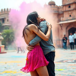 A spirited and colorful scene depicting a college girl inspired by Nushrat Bharucha, dressed in a low waist chiffon short skirt, joyfully engaged in a lap dance with her boyfriend at a stunning Rajasthani fort during the vibrant Holi festival