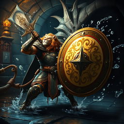 A powerful leonin paladin, characterized by its lion-like features and shining armor, wields a formidable budava and an intricately designed shield while facing a massive abalette in a dark, stonework Gordian water tunnel