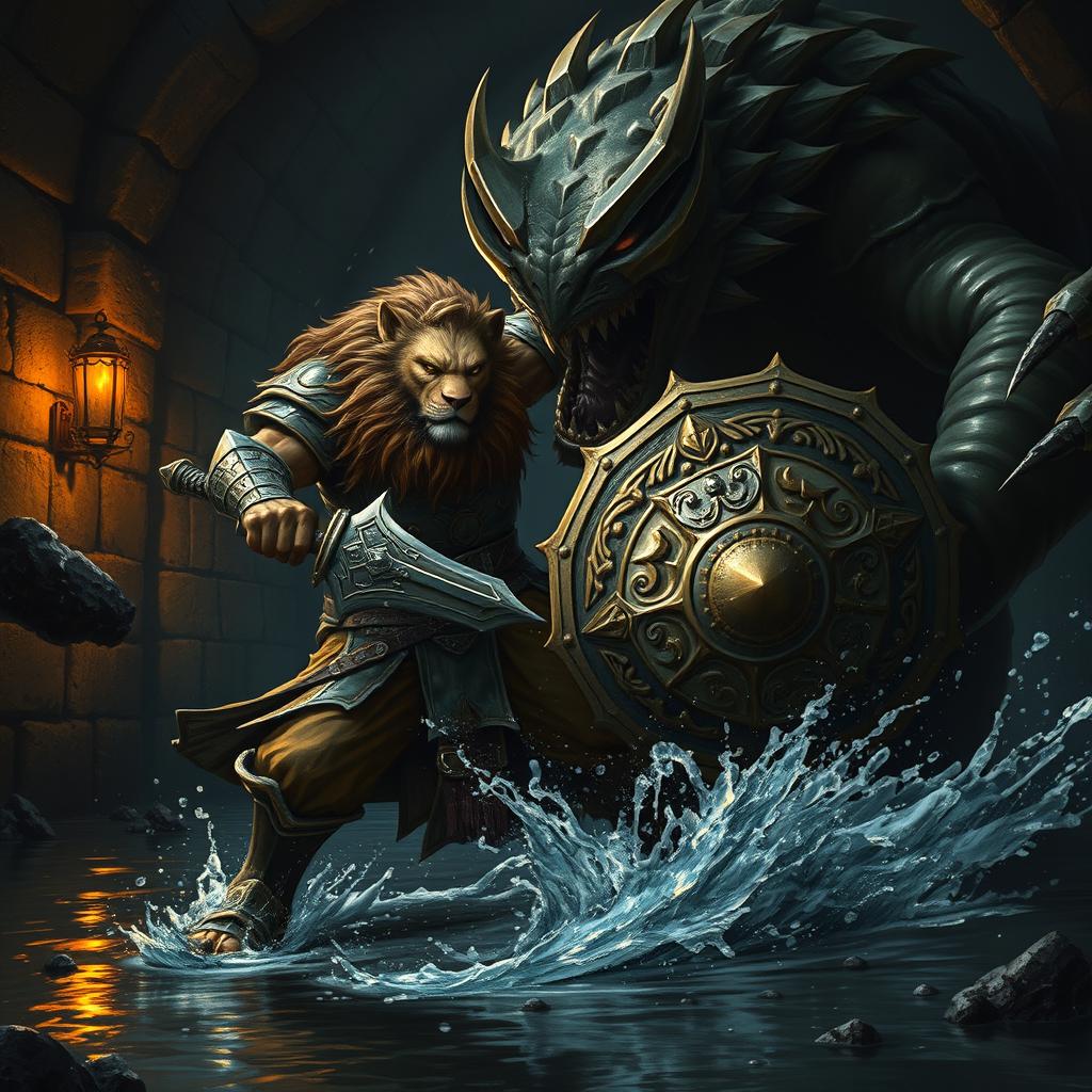 A powerful leonin paladin, characterized by its lion-like features and shining armor, wields a formidable budava and an intricately designed shield while facing a massive abalette in a dark, stonework Gordian water tunnel