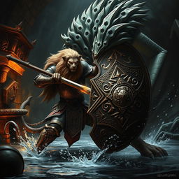 A powerful leonin paladin, characterized by its lion-like features and shining armor, wields a formidable budava and an intricately designed shield while facing a massive abalette in a dark, stonework Gordian water tunnel