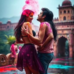 A vibrant and enchanting scene featuring a college girl inspired by Nushrat Bharucha, wearing a low waist chiffon short skirt, playfully engaged in a lap dance with her boyfriend at a picturesque Rajasthani fort during a Holi celebration enhanced by light rain