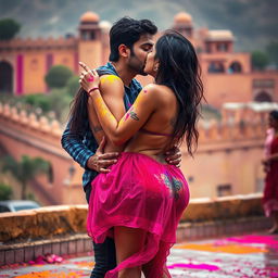 A vibrant and enchanting scene featuring a college girl inspired by Nushrat Bharucha, wearing a low waist chiffon short skirt, playfully engaged in a lap dance with her boyfriend at a picturesque Rajasthani fort during a Holi celebration enhanced by light rain