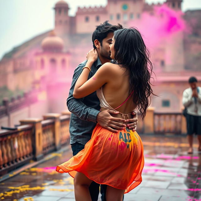 A vibrant and enchanting scene featuring a college girl inspired by Nushrat Bharucha, wearing a low waist chiffon short skirt, playfully engaged in a lap dance with her boyfriend at a picturesque Rajasthani fort during a Holi celebration enhanced by light rain