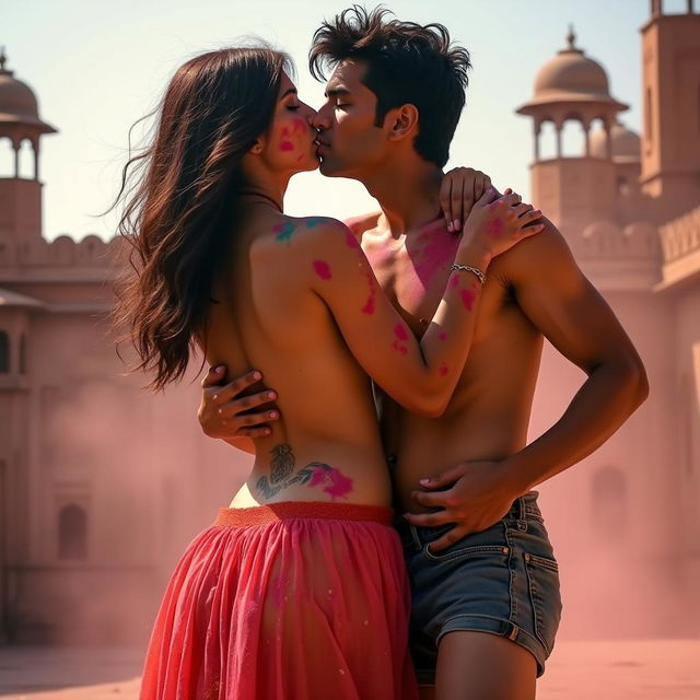 A sensual scenario of a college girl resembling Nushrat Bharucha, wearing a low waist chiffon short skirt, playfully interacting with her classmate at a picturesque Rajasthani fort during the festive celebration of Holi