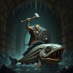 A fierce Leonin paladin equipped with a large mace and a sturdy shield, triumphantly standing amidst the dark, eerie atmosphere of a Gordian water tunnel