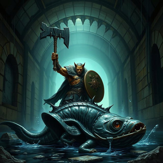 A fierce Leonin paladin equipped with a large mace and a sturdy shield, triumphantly standing amidst the dark, eerie atmosphere of a Gordian water tunnel