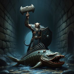 A fierce Leonin paladin equipped with a large mace and a sturdy shield, triumphantly standing amidst the dark, eerie atmosphere of a Gordian water tunnel