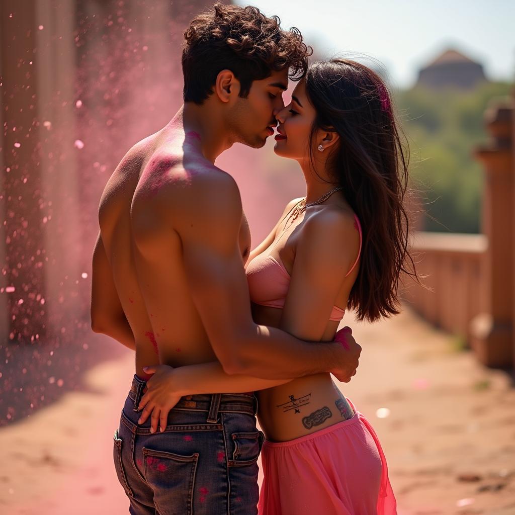 A sensual portrayal of a college girl inspired by Nushrat Bharucha, depicted in a stylish low waist chiffon short skirt, playfully engaged with her classmate at an enchanting Rajasthani fort during the colorful festival of Holi