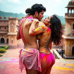 A sensual and vibrant scene featuring a college girl reminiscent of Nushrat Bharucha, dressed in a low waist chiffon short skirt, playfully engaging with her classmate at a stunning Rajasthani fort during the lively festival of Holi