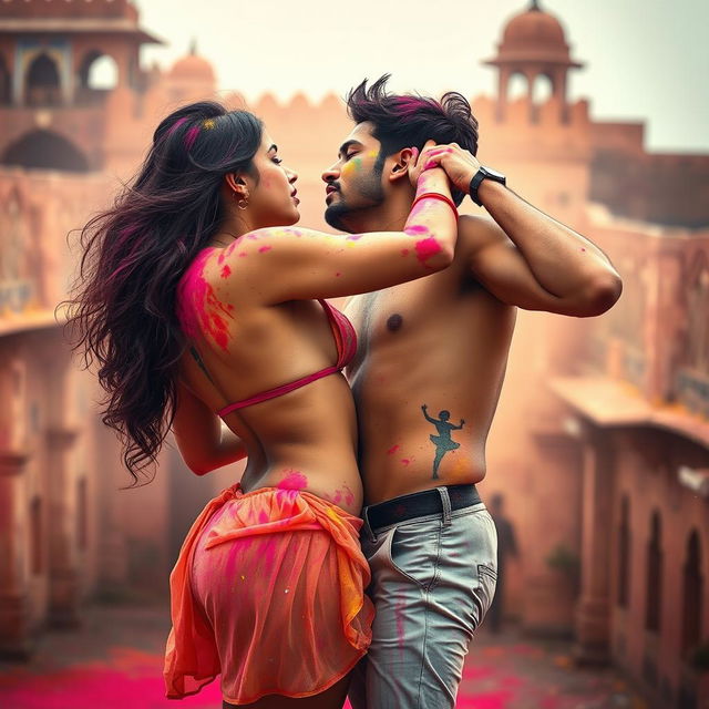 A sensual and vibrant scene featuring a college girl reminiscent of Nushrat Bharucha, dressed in a low waist chiffon short skirt, playfully engaging with her classmate at a stunning Rajasthani fort during the lively festival of Holi