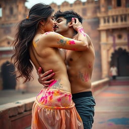 A sensual and vibrant scene featuring a college girl reminiscent of Nushrat Bharucha, dressed in a low waist chiffon short skirt, playfully engaging with her classmate at a stunning Rajasthani fort during the lively festival of Holi