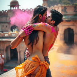 A sensual and vibrant scene featuring a college girl reminiscent of Nushrat Bharucha, dressed in a low waist chiffon short skirt, playfully engaging with her classmate at a stunning Rajasthani fort during the lively festival of Holi