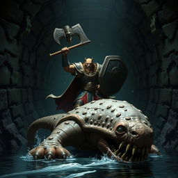 A courageous Leonin paladin, wielding a mighty mace and a robust shield, engaged in battle against a colossal Aboleth in a dimly lit Gordian water tunnel