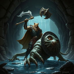 A courageous Leonin paladin, wielding a mighty mace and a robust shield, engaged in battle against a colossal Aboleth in a dimly lit Gordian water tunnel