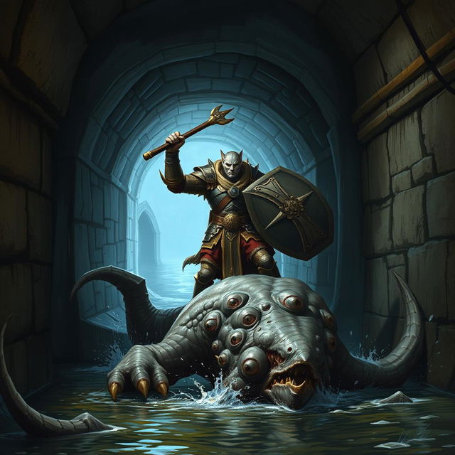 A courageous Leonin paladin, wielding a mighty mace and a robust shield, engaged in battle against a colossal Aboleth in a dimly lit Gordian water tunnel