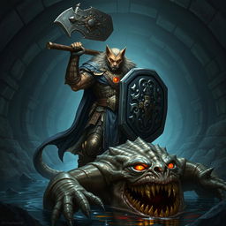 A powerful Leonin paladin, wielding a heavy mace and a sturdy shield, stands valiantly in a dark Gordian water tunnel, showcasing intricate stonework that lines the damp walls