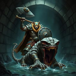 A powerful Leonin paladin, wielding a heavy mace and a sturdy shield, stands valiantly in a dark Gordian water tunnel, showcasing intricate stonework that lines the damp walls