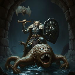 A powerful Leonin paladin, wielding a heavy mace and a sturdy shield, stands valiantly in a dark Gordian water tunnel, showcasing intricate stonework that lines the damp walls