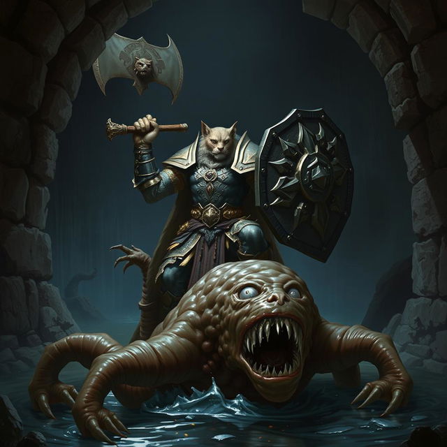 A powerful Leonin paladin, wielding a heavy mace and a sturdy shield, stands valiantly in a dark Gordian water tunnel, showcasing intricate stonework that lines the damp walls