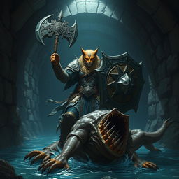 A powerful Leonin paladin, wielding a heavy mace and a sturdy shield, stands valiantly in a dark Gordian water tunnel, showcasing intricate stonework that lines the damp walls