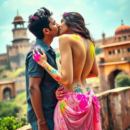 A sensual scene featuring a college girl reminiscent of Nushrat Bharucha, styled in a low waist chiffon short skirt, intimately interacting with her classmate at a stunning Rajasthani fort during the festive celebration of Holi