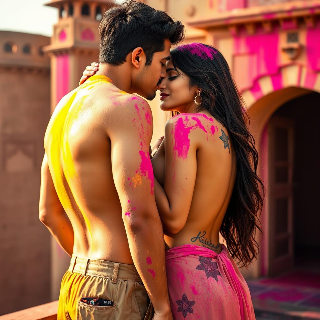 A sensual scene featuring a college girl reminiscent of Nushrat Bharucha, styled in a low waist chiffon short skirt, intimately interacting with her classmate at a stunning Rajasthani fort during the festive celebration of Holi