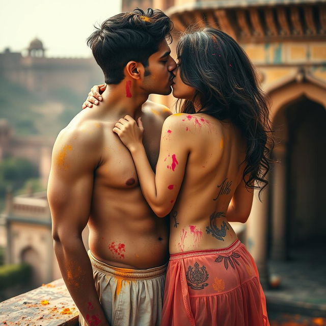 A sensual scene featuring a college girl reminiscent of Nushrat Bharucha, styled in a low waist chiffon short skirt, intimately interacting with her classmate at a stunning Rajasthani fort during the festive celebration of Holi