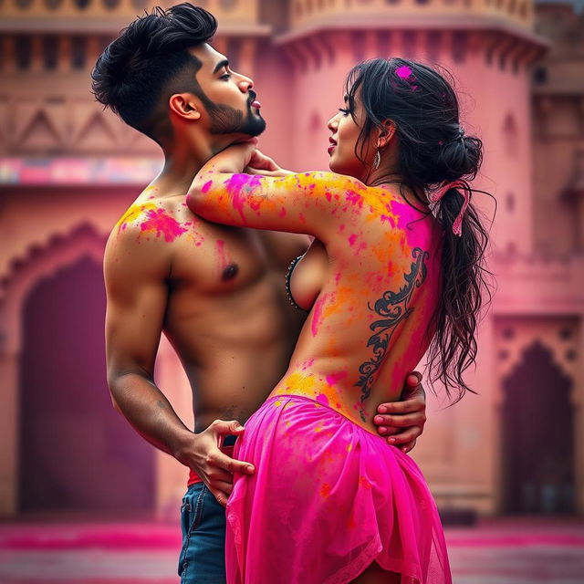 A sensual artistic representation of a college girl inspired by Nushrat Bharucha, wearing a low waist chiffon short skirt, playfully interacting with her classmate at a beautiful Rajasthani fort during the vibrant festival of Holi