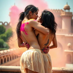 A sensual artistic representation of a college girl inspired by Nushrat Bharucha, wearing a low waist chiffon short skirt, playfully interacting with her classmate at a beautiful Rajasthani fort during the vibrant festival of Holi