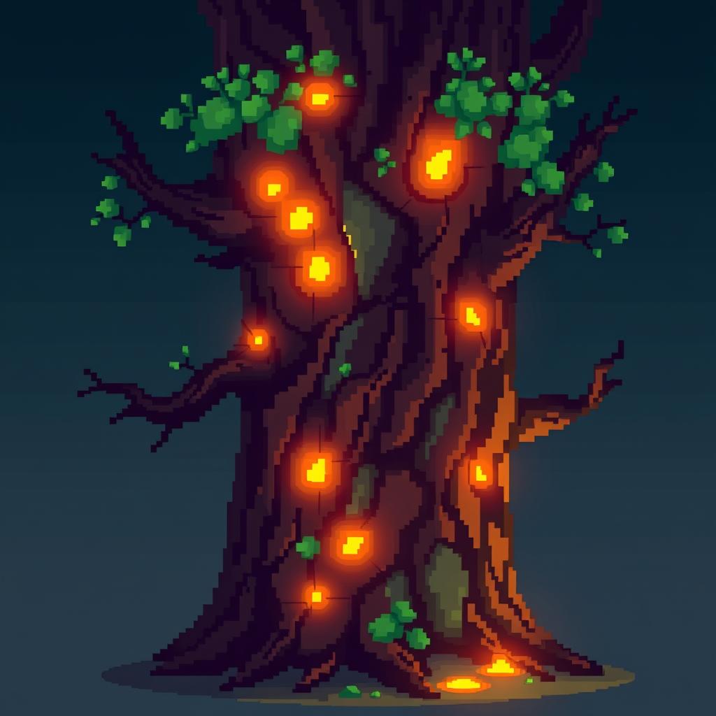 A vibrant pixel art representation of a glowing tree trunk, created in a 64x64 pixel format