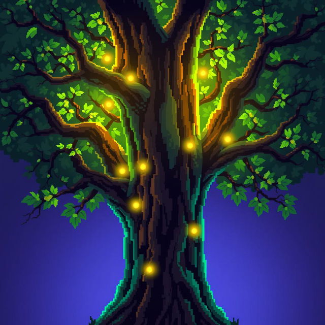 A vibrant pixel art representation of a glowing tree trunk, created in a 64x64 pixel format