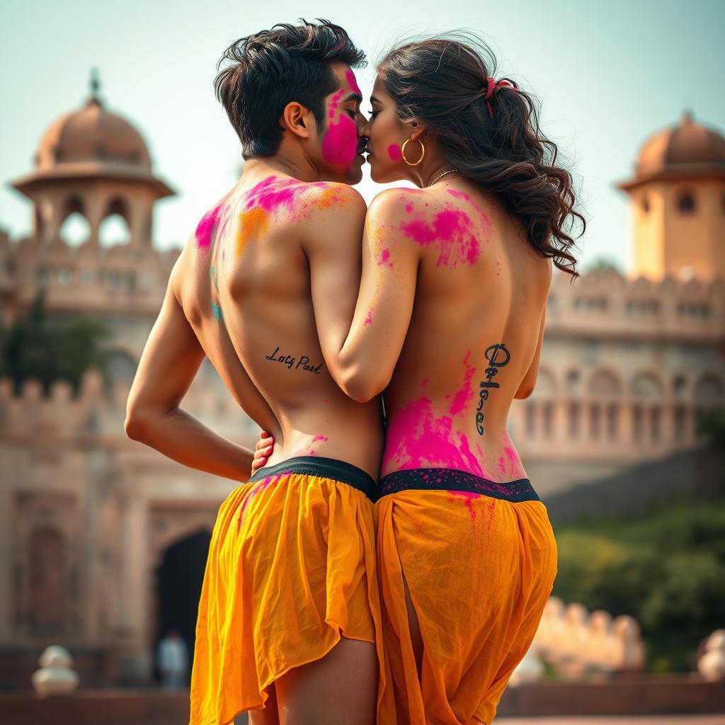 A sensual scene inspired by Nushrat Bharucha as a college girl in a low waist chiffon short skirt, engaging intimately with her classmate at a beautiful Rajasthani fort during the Holi festival