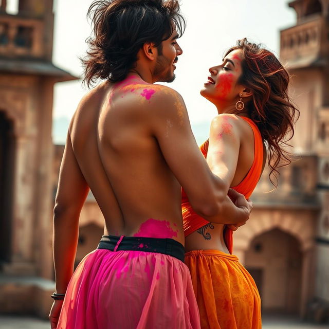 A sensual scene inspired by Nushrat Bharucha as a college girl in a low waist chiffon short skirt, engaging intimately with her classmate at a beautiful Rajasthani fort during the Holi festival