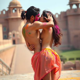 A sensual scene inspired by Nushrat Bharucha as a college girl in a low waist chiffon short skirt, engaging intimately with her classmate at a beautiful Rajasthani fort during the Holi festival