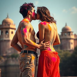 A sensual scene inspired by Nushrat Bharucha as a college girl in a low waist chiffon short skirt, engaging intimately with her classmate at a beautiful Rajasthani fort during the Holi festival