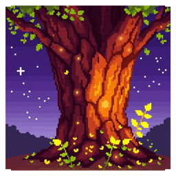 A vibrant and glowing pixel art image featuring a tree trunk, designed in a 64x64 pixel format