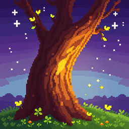 A vibrant and glowing pixel art image featuring a tree trunk, designed in a 64x64 pixel format