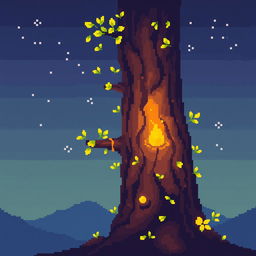 A vibrant and glowing pixel art image featuring a tree trunk, designed in a 64x64 pixel format