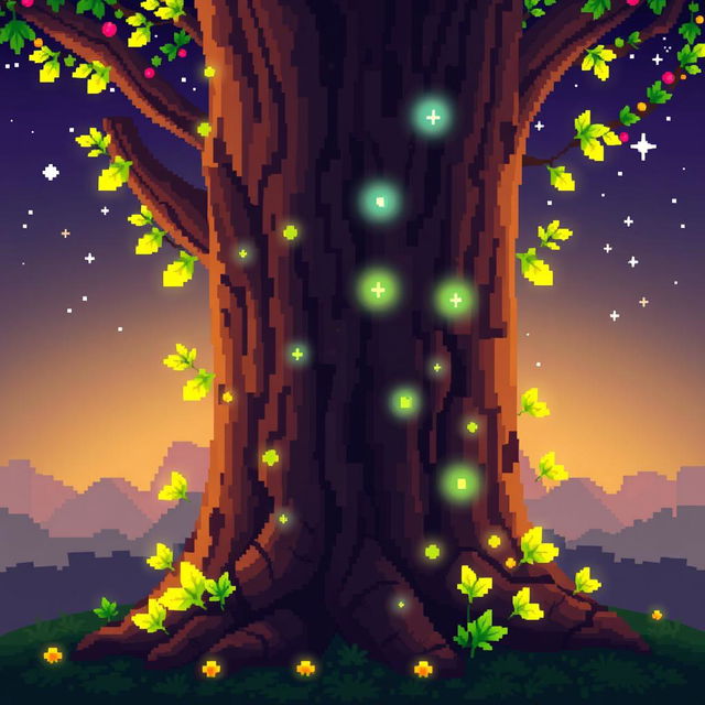 A vibrant and glowing pixel art image featuring a tree trunk, designed in a 64x64 pixel format