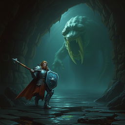 A leonin paladin in shining armor wielding a heavy mace and a sturdy shield, poised heroically in a dimly lit Gordian water tunnel made of ancient stonework
