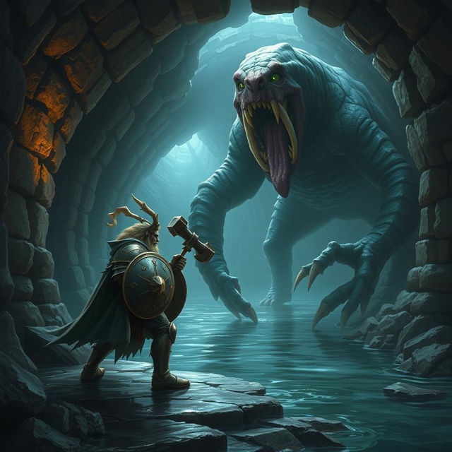 A leonin paladin in shining armor wielding a heavy mace and a sturdy shield, poised heroically in a dimly lit Gordian water tunnel made of ancient stonework