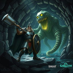 A leonin paladin in shining armor wielding a heavy mace and a sturdy shield, poised heroically in a dimly lit Gordian water tunnel made of ancient stonework