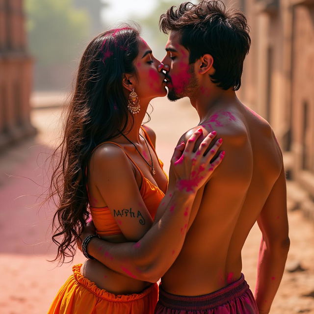 A sensual artistic portrayal of a college girl inspired by Nushrat Bharucha, dressed in a low waist chiffon short skirt, engaging intimately with her classmate at a picturesque Rajasthani fort during the vibrant Holi festival