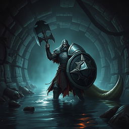 A leonin paladin in epic, shining armor, brandishing a heavy mace and a sturdy shield, stands heroically in a dimly lit Gordian water tunnel