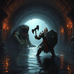 A leonin paladin in epic, shining armor, brandishing a heavy mace and a sturdy shield, stands heroically in a dimly lit Gordian water tunnel
