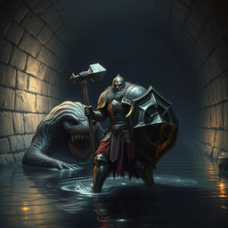 A leonin paladin in epic, shining armor, brandishing a heavy mace and a sturdy shield, stands heroically in a dimly lit Gordian water tunnel