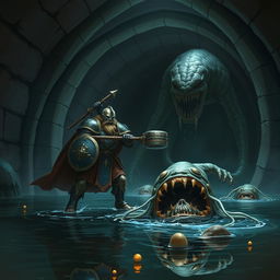 A leonin paladin in epic, shining armor, brandishing a heavy mace and a sturdy shield, stands heroically in a dimly lit Gordian water tunnel