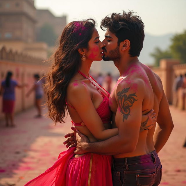 A sensual representation of a college girl inspired by Nushrat Bharucha, dressed in a low waist chiffon short skirt, captured in an intimate moment with her classmate at a picturesque Rajasthani fort during the Holi festival