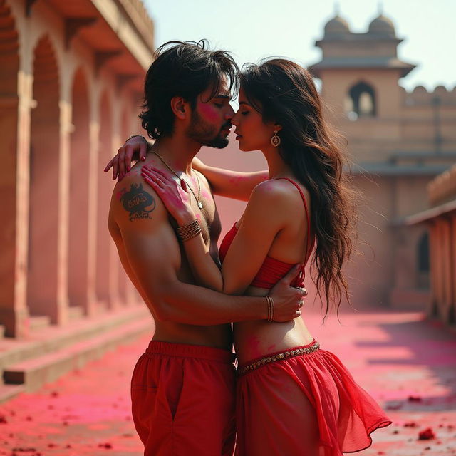 A vivid and sensual artistic portrayal of a college girl inspired by Nushrat Bharucha, dressed in a low waist chiffon short skirt, engaging in an intimate moment with her classmate at a stunning Rajasthani fort during the lively Holi festival