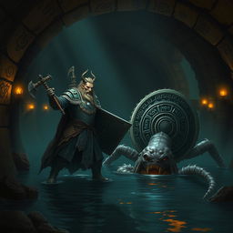 A fierce leonin paladin clad in intricately designed armor stands powerfully in a dark, foreboding Gordian water tunnel
